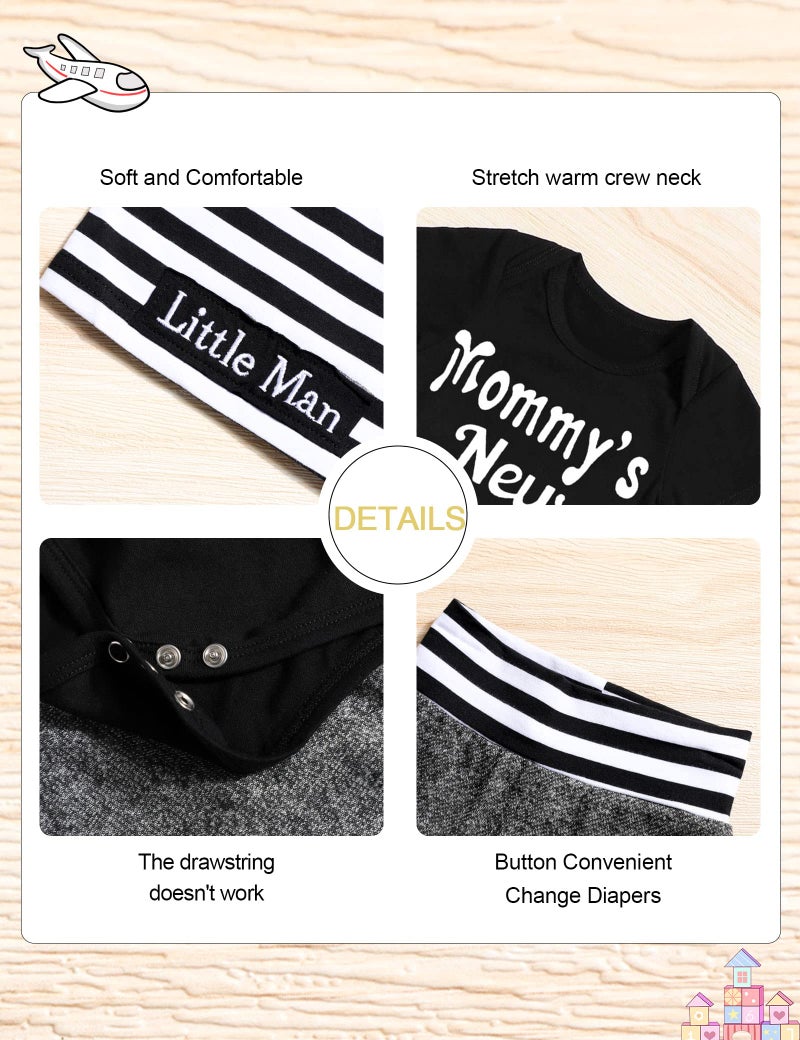 Fommy Newborn Baby Boy Clothes mommy's New Man Letter Print Short Sleeve Romper+Long Pants+Stripe Hat 3PCS Outfits Set 0-3 Months - Image 5